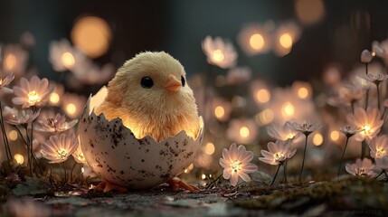 Charming Close up of Newborn Chicken Hatching from Egg with Flowers