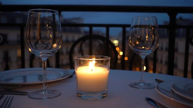 Romantic dinner setup with wine glasses and lit candle on a balcony overlooking city lights at dusk.