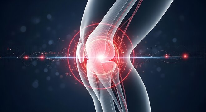 Lateral view of knee joint inflammation and injury. Sports medicine and physiological recovery. Human skeleton showing a glowing red hotspot on the knee ligaments and tendons
