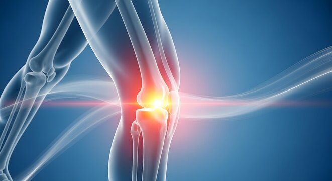Anatomical leg model with knee joint inflammation. Medical technology and surgical preparation. Human figure walking with a highlighted pain point on the patellar bone structure