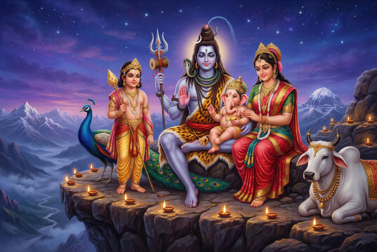 Hindu deities Shiva Parvati family on cliff with peacock and cow Lord Shiva Goddess Parvati