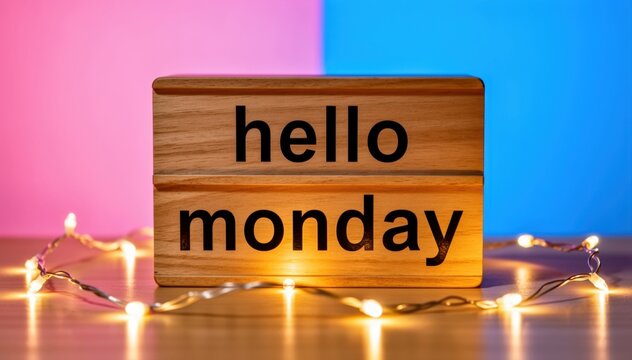 Hello Monday Greeting: A warm, inviting wooden sign with the words hello monday illuminated by twinkling fairy lights, offering a cheerful start to the week against a soft gradient backdrop.