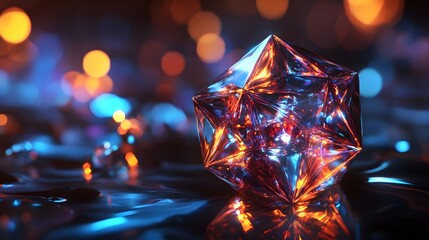 Abstract three dimensional rendering of a geometrically faceted crystal or diamond object illuminated by contrasting neon blue and warm orange bokeh lights creating an intense visual effect.