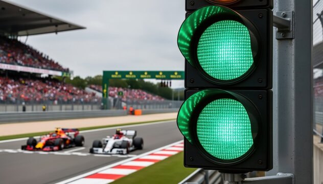 Green Light for Speed: A pair of Formula 1 race cars tear down the track, the green lights signaling the beginning of an adrenaline-fueled competition, with spectators looking on from the stands. 
