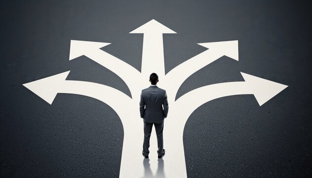 Navigating the Crossroads: A lone figure, dressed in formal attire, stands poised at the intersection of five diverging paths.