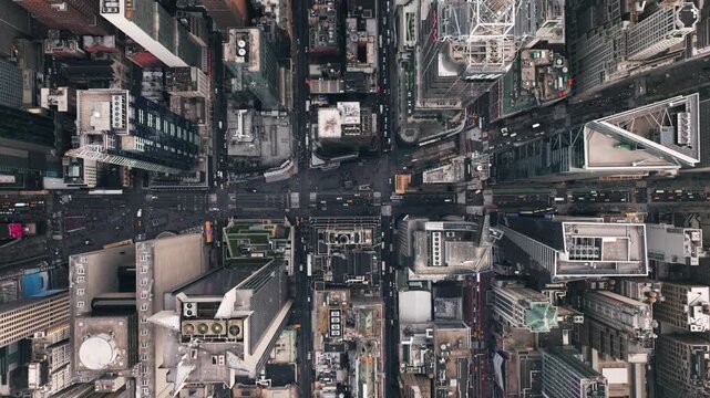 Cenital drone shot above cars on the streets of Midtown, Manhattan, New York