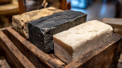 Three Rectangular Soaps In Brown Black And White Colors On Wooden Surface With Rustic Texture And Soft Lighting