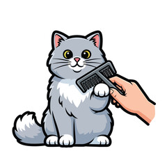Obraz premium A gray cat being groomed with a comb
