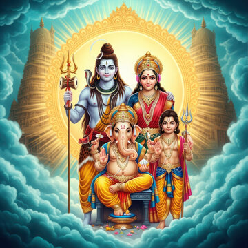 Hindu Deity Family Shiva Parvati Ganesha Kartikeya With Golden Sun Rays hinduism