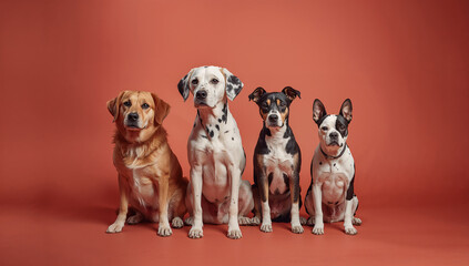 サーモン色背景のスタジオで五匹の犬が横並びで正面を見る