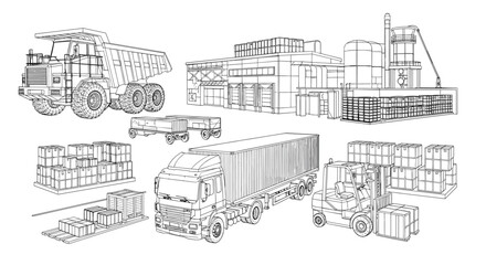Naklejka premium Outline drawings of industrial machinery and vehicles including heavy trucks, forklifts, and factory equipment.