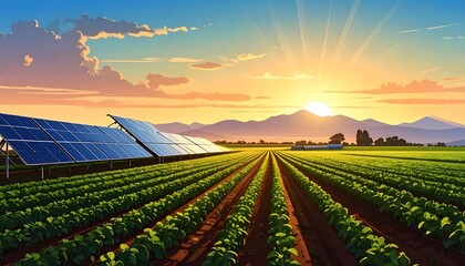 Digital illustration of solar panels in a field at sunset, with crops and mountains