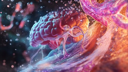 Vibrant microscopic visualization depicts complex neural activity within a biological environment surrounded by glowing fluid and abstract cellular structures under intense illumination.