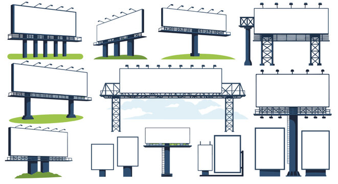 Comprehensive set of blank billboards and outdoor advertising structures in various sizes and mounting configurations.