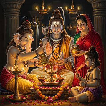 Hindu Family Performing Religious Ritual with Ganesha and Shiva parvati kartikeya