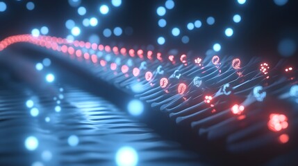 Close up abstract rendering of fiber optic data transmission showcasing glowing red and blue light signals traveling rapidly through interconnected microscopic filaments in a digital network.