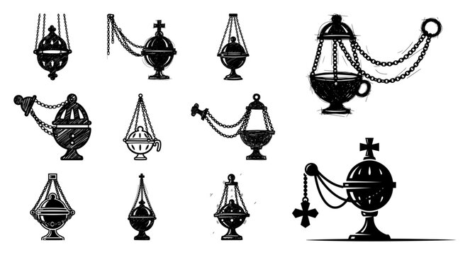 Vintage church thurible incense burner set in engraved black and white