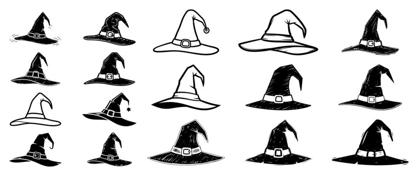 Hand drawn witch hat collection in black and white sketch style