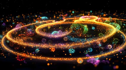 Abstract visualization of vibrant glowing particle streams forming dynamic swirling orbits against a deep dark cosmic background representing data flow or energy movement