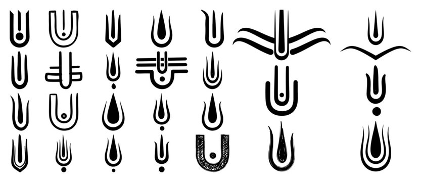 Collection of minimalist black and white tilak symbols and religious hindu forehead marks
