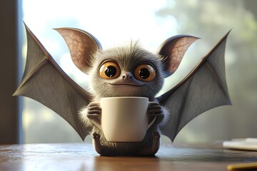 Cute little bat with cup of coffee on wooden table in room
