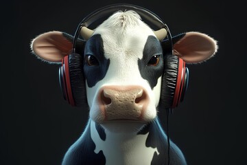 Portrait of a cow listening to music with headphones on a dark background.