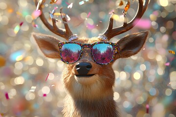 Funny deer with glasses and garland on bokeh background