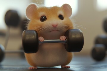 Hamster lifting dumbbells in the gym. Close-up.