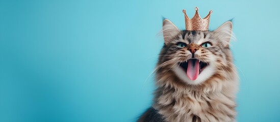Funny cat with crown on blue background. Banner with copy space.