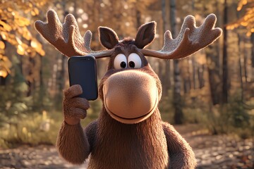 Cute funny moose taking selfie with smartphone in forest