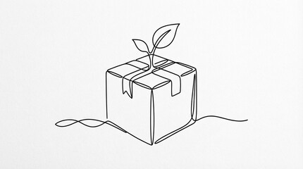 Minimalist continuous line art illustration of an open cardboard box with a green leaf, eco-friendly packaging and sustainable shipping concept.