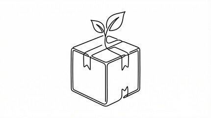 Minimalist continuous line art illustration of an open cardboard box with a green leaf, eco-friendly packaging and sustainable shipping concept.