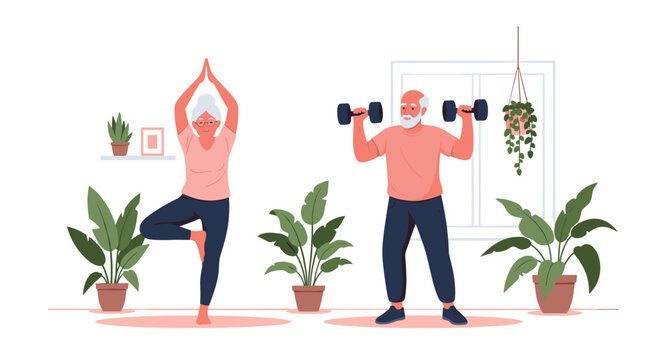 Senior couple staying active at home with woman practicing yoga tree pose and man lifting dumbbells in bright room.