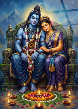 Lord Shiva and Parvati seated on ornate throne with flowers and diyas divine couple