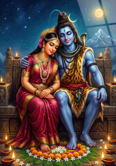 Fototapeta premium Lord Shiva and Parvati seated on throne with diyas and rangoli divine couple Hindu deities