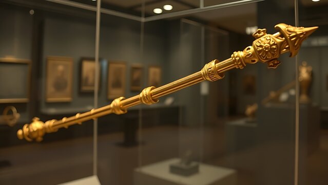 glaive. A ceremonial gilded glaive with carved shaft displayed in a museum. event programs, museum guides, designed for cultural heritage projects and event programs, preserves heritage.