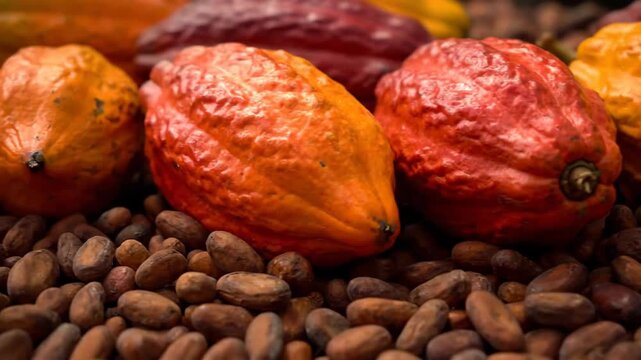 Fresh cacao pods and beans
