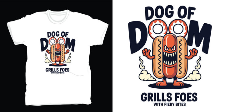 Funny cartoon hot dog character on t shirt and poster