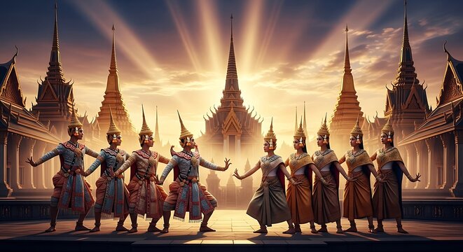Ancient Warriors Guarding Temple at Sunrise