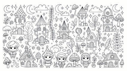 Obraz premium Whimsical Fantasy Village with Cute Characters and Enchanted Houses.