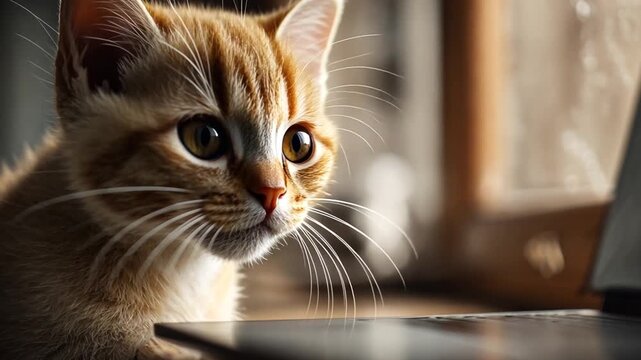 Curious orange kitten explores laptop by sunny window indoors.