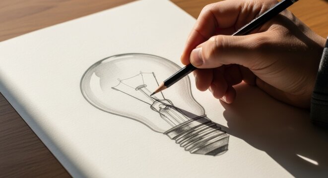 Artist sketching a light bulb with pencil, creativity and idea concept