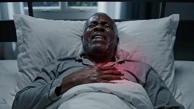 heart attack of an older African American man jolting awake in bed, wide-eyed and gasping for air, clutching his chest in agony.