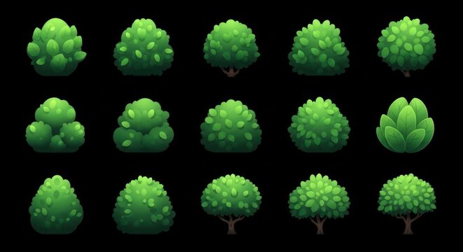 Cartoon bushes and small trees isolated on black background