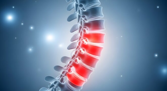 Spinal column injury and lower back inflammation. Chiropractic care and orthopedic medicine. Profile of human spine with glowing red segments showing herniated disc or nerve pain