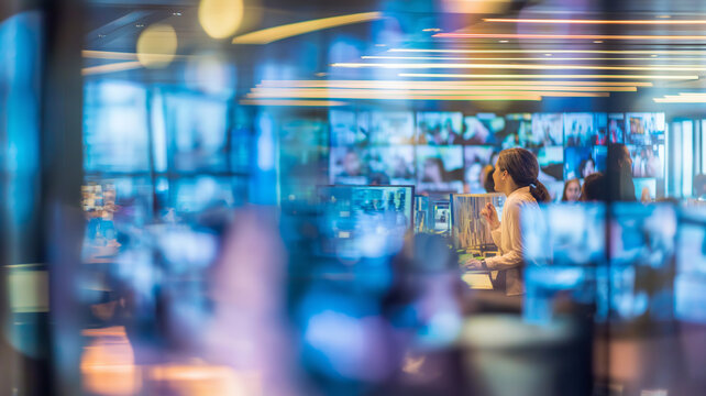 A bustling news studio filled with screens, where dedicated staff work to deliver fresh updates Generative AI
