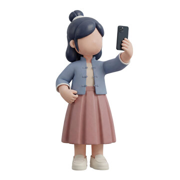 Faceless 3D Clay Lunar New Year Outfit Check With Smartphone