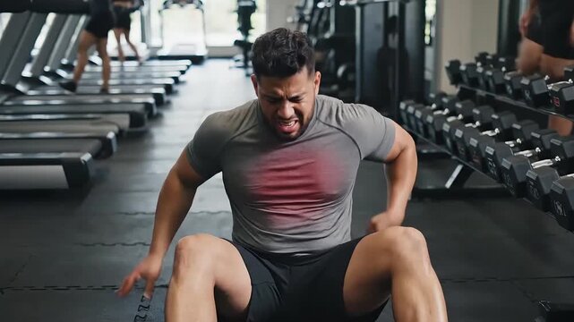heart attack of a muscular man experiencing severe abdominal or chest discomfort during a gym workout, possibly indicating related cardiac issues.