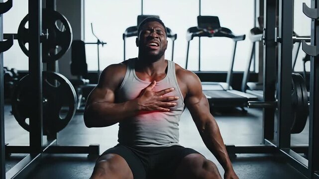 heart attack of a muscular African American man clutching his side or abdominal area in pain during a strenuous gym workout.