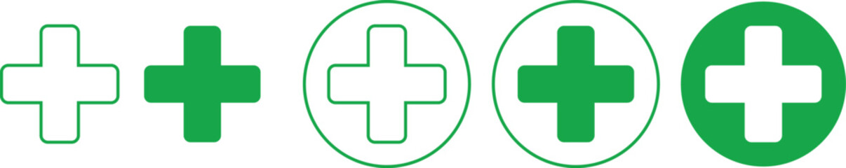 Obraz premium Medical plus icons set featuring healthcare cross symbols in flat and line style, isolated on transparent background, hospital emergency aid sign illustration collection and group